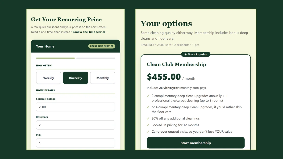 Green Guru's online quote form and price screen for a sample Tucson home
