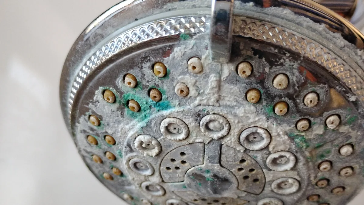 Shower head coated in calcium and lime scale from Tucson hard water