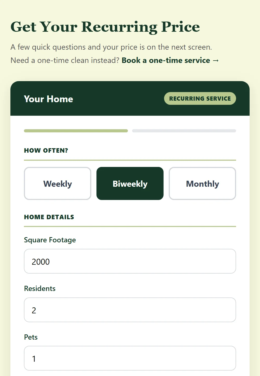 Green Guru's quote form filled in for a 2,000 square foot home cleaned every two weeks, with two residents and one pet