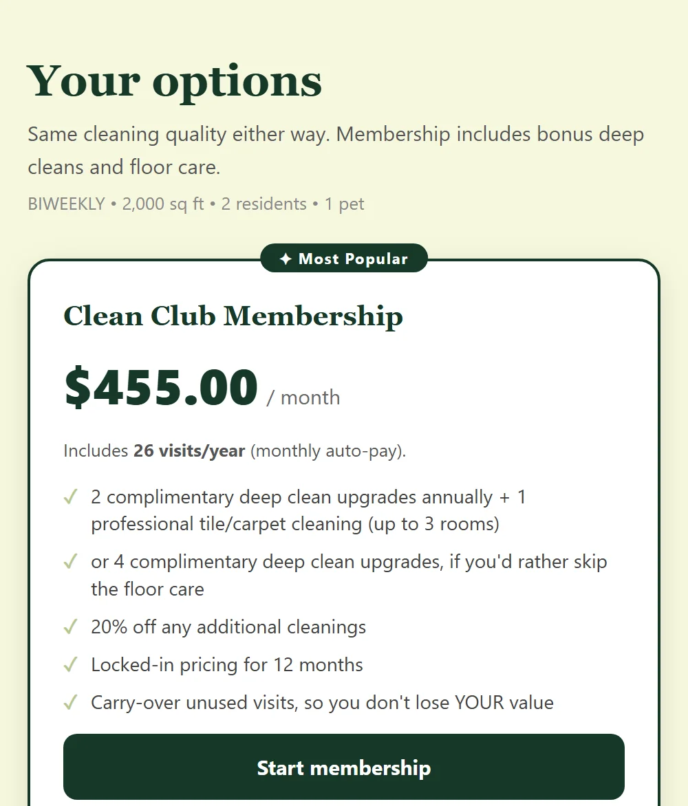 The price screen for the sample home, showing the Clean Club membership price and what it includes